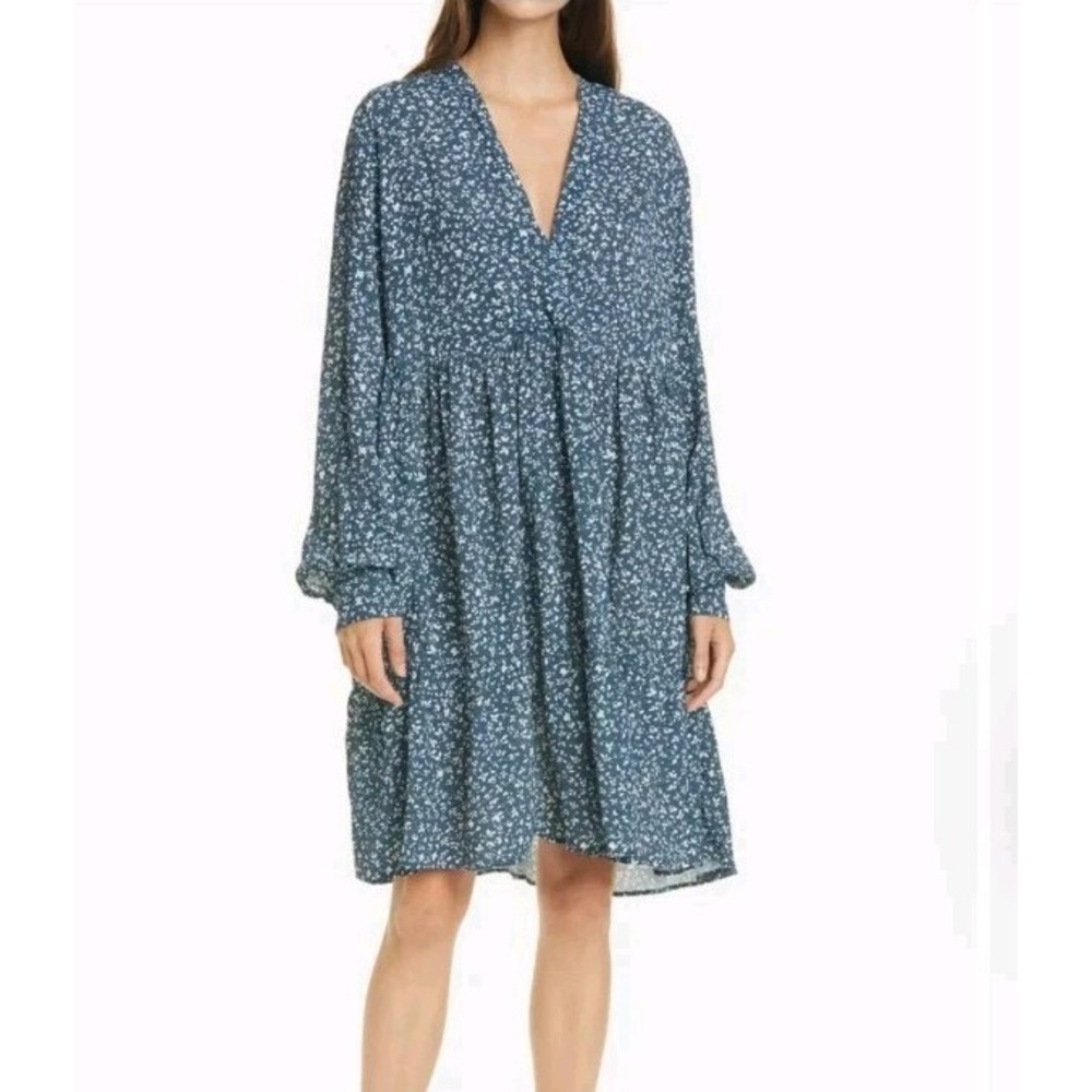 Samsoe Samsoe Dress Size Small Mori Blue Floral Long Sleeve V Neck Viscose